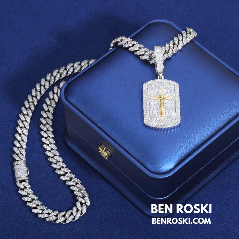 Crucifix Dog Tag Pendant Sterling Silver, Gold & Rose Gold | VVS Moissanite | GRA Certified