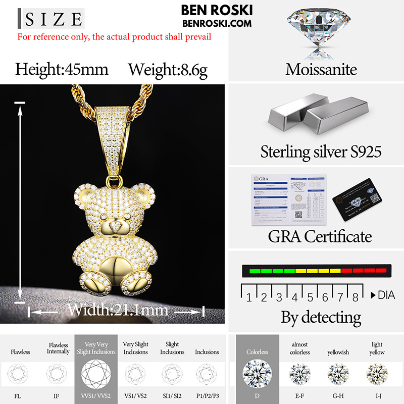 Moissanite Teddy Bear Pendant Sterling Silver, Gold, or Rose Gold | VVS Moissanite | GRA Certified