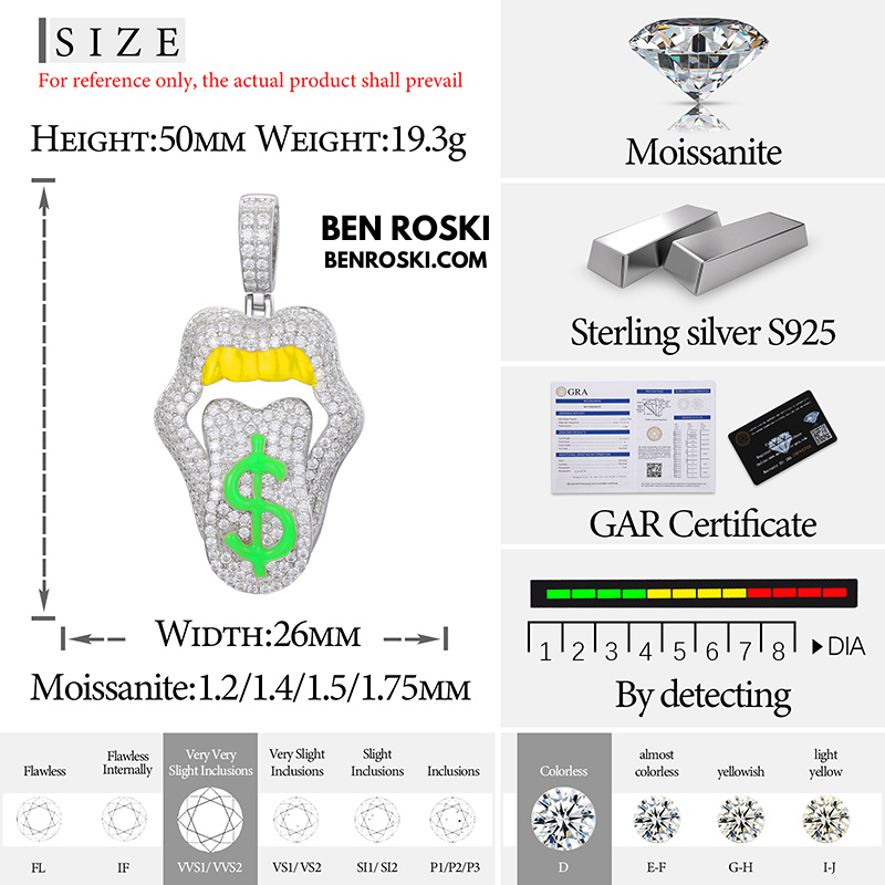 Money Tongue Pendant Sterling Silver, Gold & Rose Gold | VVS Moissanite | GRA Certified