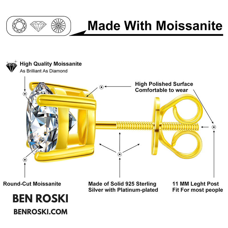 Round-Cut Moissanite Stud Earrings Sterling Silver or Gold / Rose Gold Plated | GRA Certified