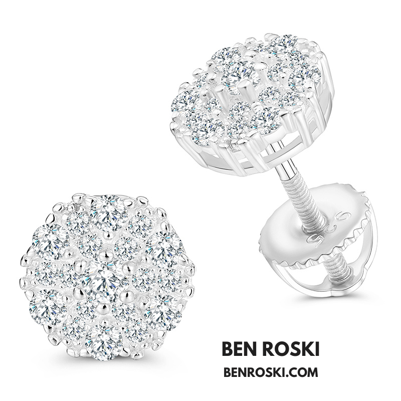 Round Cluster Stud Earrings Sterling Silver, Gold & Rose Gold | VVS Moissanite | GRA Certified