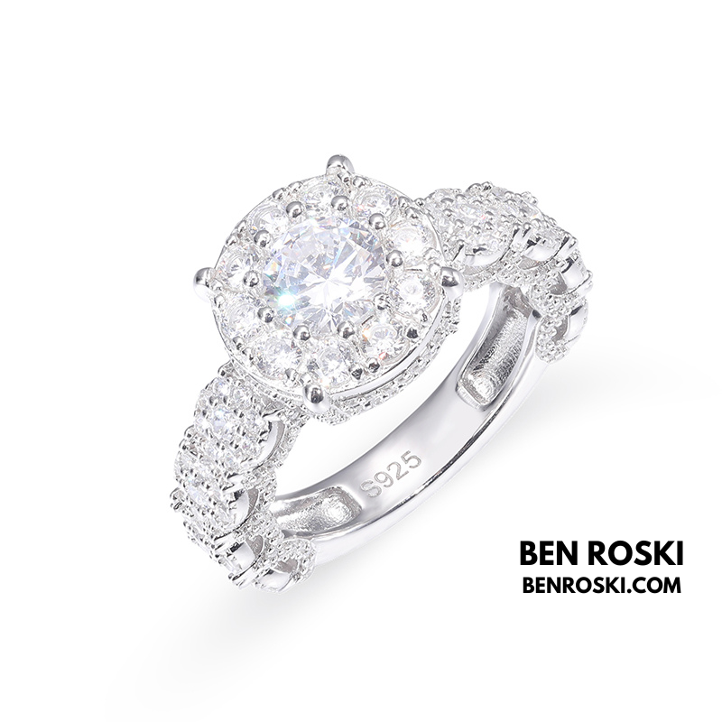 Halo Moissanite Engagement Ring Sterling Silver, Gold & Rose Gold | VVS Moissanite | GRA Certified