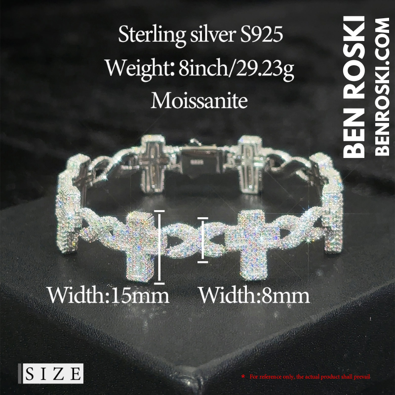 Iced Cross Moissanite Bracelet – 15MM | 7 &8-Inch | Solid 925 Sterling Silver | GRA Certified | Gold & Rose Gold Plated Variants
