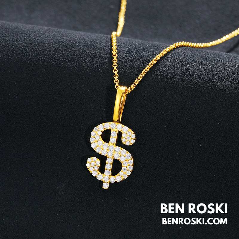 Dollar Sign Pendant Sterling Silver, Gold / Rose Gold Plated | VVS Moissanite | GRA Certified