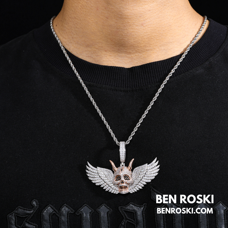 Moissanite Winged Skull Pendant Sterling Silver, Gold & Rose Gold Plated | VVS Moissanite | GRA Certified