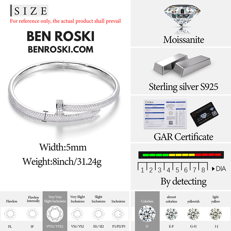 Nail Moissanite Bangle Sterling Silver, Gold Plated & Rose Gold Plated over 925 Silver | GRA Certified