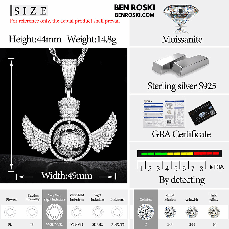 Globe Wings Moissanite Pendant – 44MM Height | VVS1 Moissanite | GRA Certified