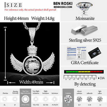 Globe Wings Moissanite Pendant – 44MM Height | VVS1 Moissanite | GRA Certified