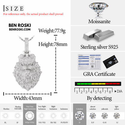 Lion Head Moissanite Pendant Sterling Silver, Gold, or Rose Gold | VVS Moissanite | GRA Certified