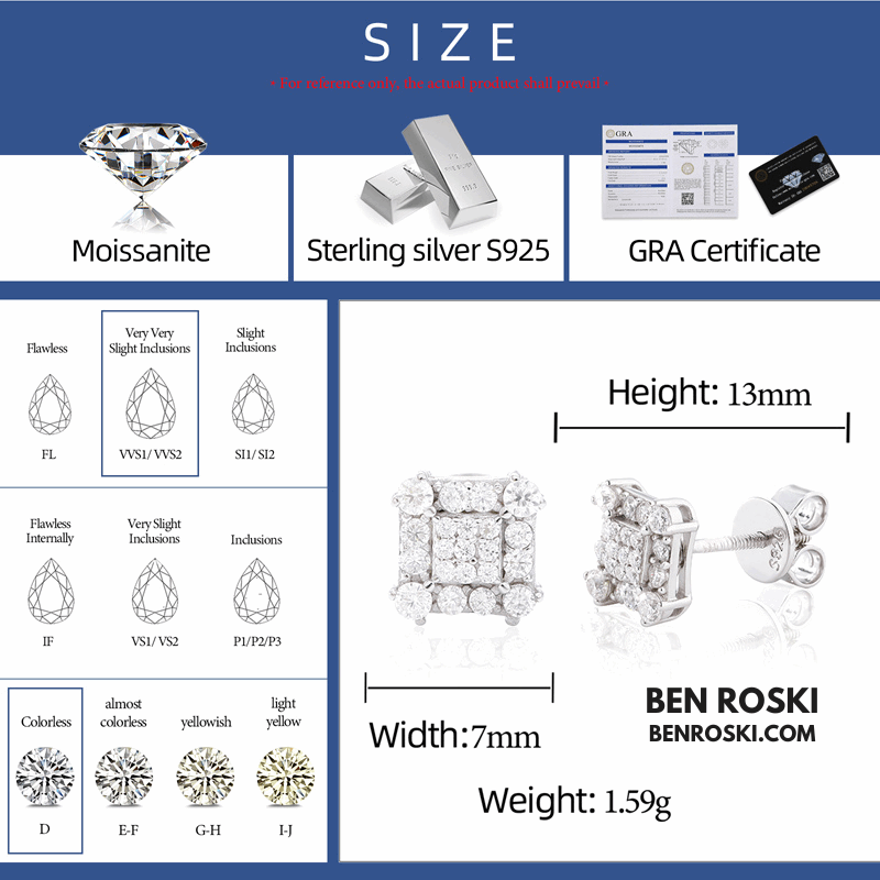 Square Cluster Stud Earrings Sterling Silver, Gold & Rose Gold Plated | VVS Moissanite | GRA Certified