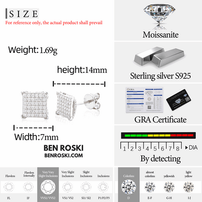 Square Cluster Stud Earrings Sterling Silver, Gold, or Rose Gold | VVS Moissanite | GRA Certified