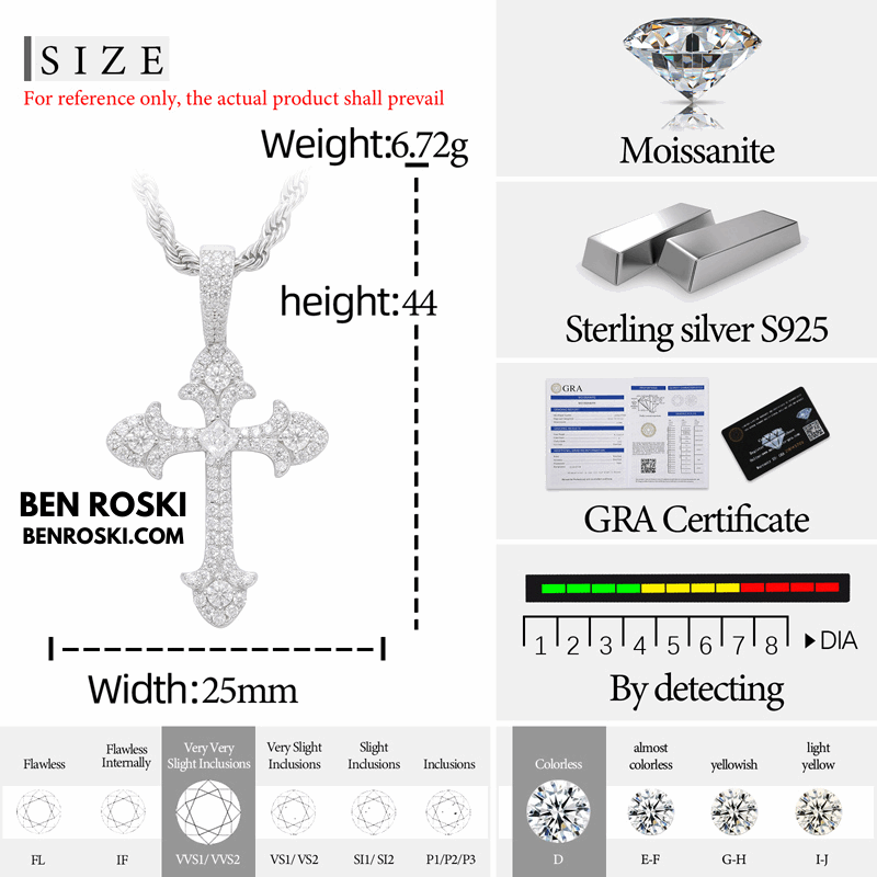 Moissanite Cross Pendant Sterling Silver, Gold & Rose Gold | VVS Moissanite | GRA Certified