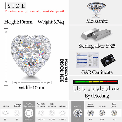 Heart Moissanite Stud Earrings Sterling Silver, Gold, or Rose Gold | VVS1 Moissanite | GRA Certified
