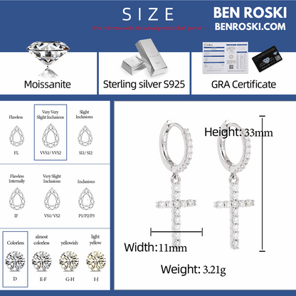 Moissanite Cross Hoop Earrings Sterling Silver, Gold, or Rose Gold | VVS Moissanite | GRA Certified