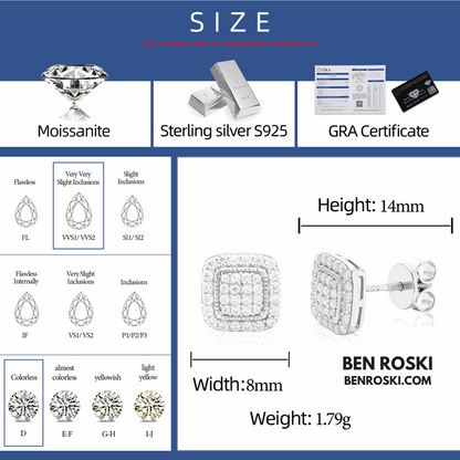Cushion Cluster Stud Earrings Sterling Silver, Gold, or Rose Gold | VVS Moissanite | GRA Certified