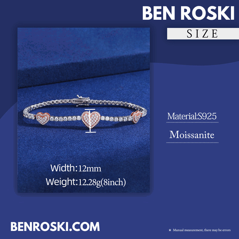 Heart Moissanite Tennis Bracelet – 12MM | 7–8 Inch | 12.28g | S925 Silver, Gold, or Rose Gold | VVS1 Moissanite | GRA Certified