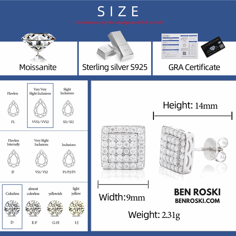 Square Cluster Stud Earrings Sterling Silver, Gold, or Rose Gold | VVS Moissanite | GRA Certified