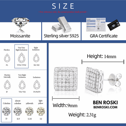 Square Cluster Stud Earrings Sterling Silver, Gold, or Rose Gold | VVS Moissanite | GRA Certified