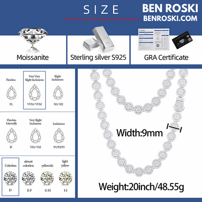 Round Cluster Moissanite Chain – 9MM Width | 20 Inch | 48.55g | GRA Certified