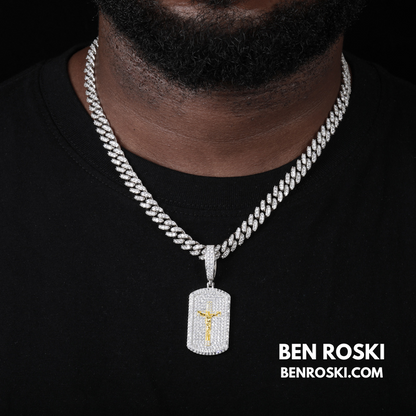 Crucifix Dog Tag Pendant Sterling Silver, Gold & Rose Gold | VVS Moissanite | GRA Certified