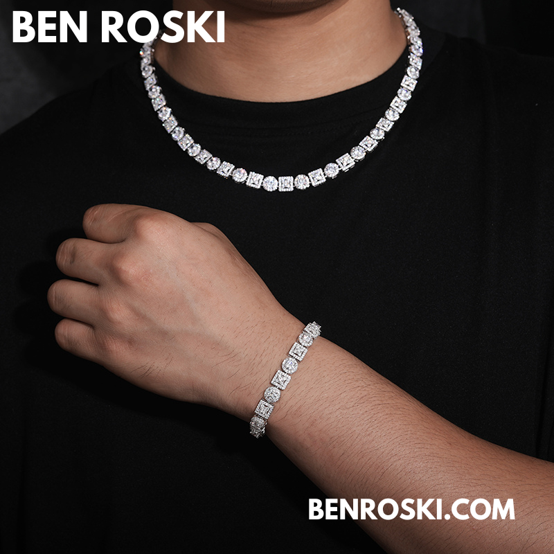 8MM Moissanite Bracelet – Round & Square Link Design | 7" / 8" | Silver, Gold, or Rose Gold | GRA Certified