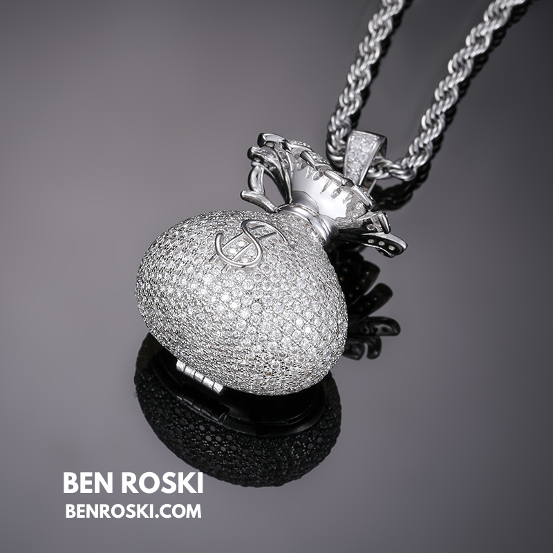 Money Bag Pendant Sterling Silver, Gold  & Rose Gold Plated | VVS Moissanite | GRA Certified