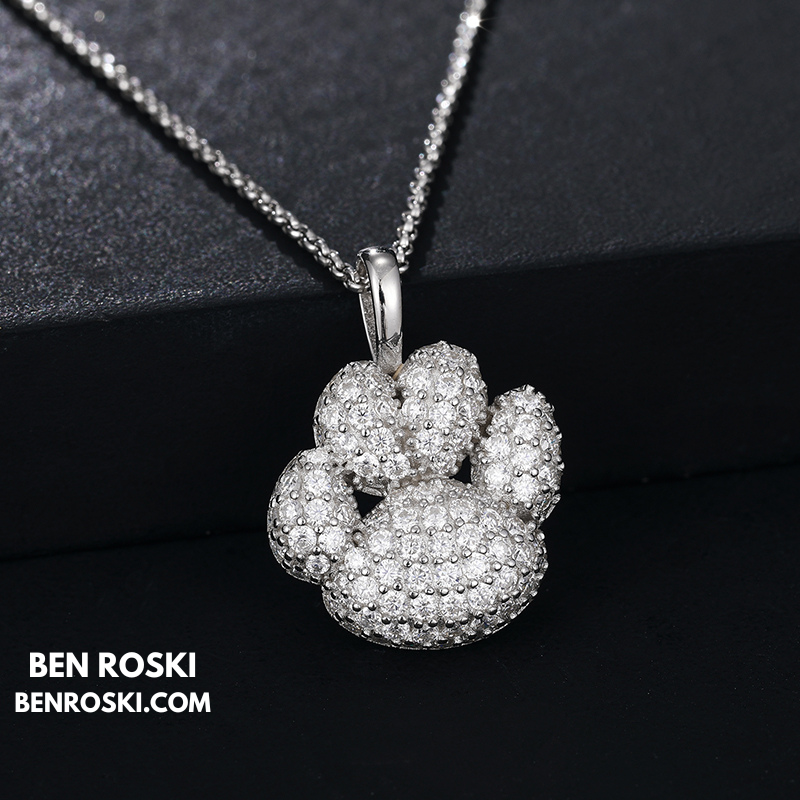Moissanite Paw Print Pendant Necklace | Sterling Silver, Gold, or Rose Gold | VVS1 | GRA Certified