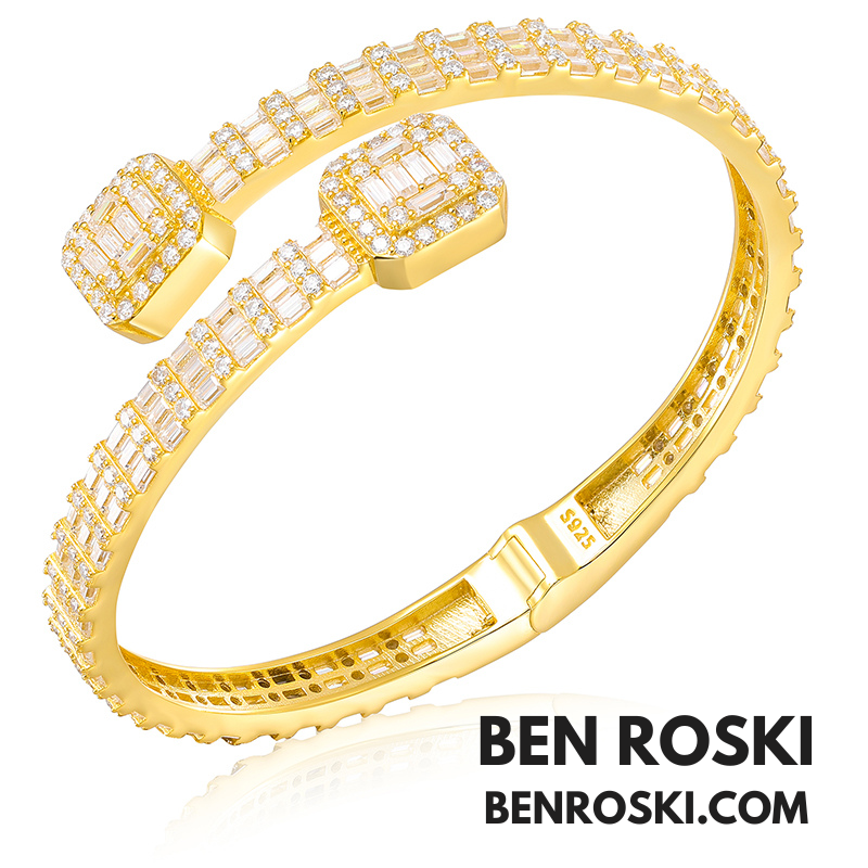 Baguette Moissanite Open Bangle – 7/8-Inch | 5.5MM | Silver, Gold Plated & Rose Gold Plated over 925 Silver | GRA Certified