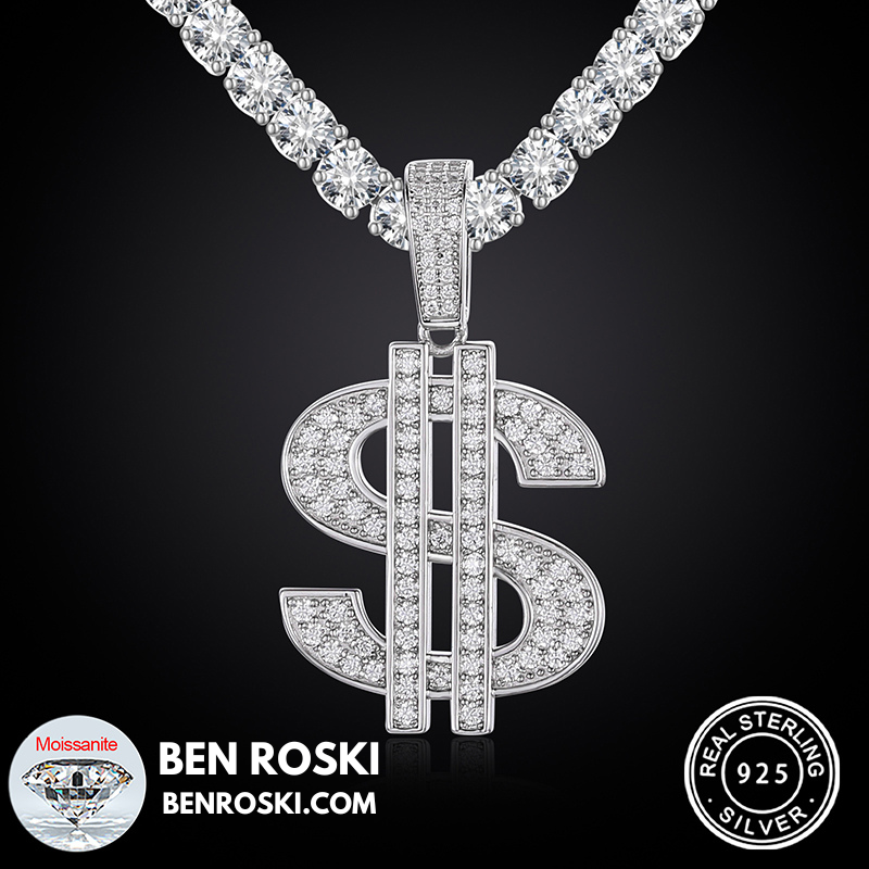 Moissanite Dollar Sign Pendant Sterling Silver or Gold/Rose Gold Plated | VVS Moissanite | GRA Certified