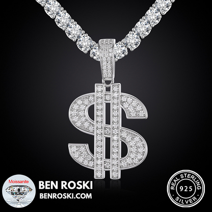 Moissanite Dollar Sign Pendant Sterling Silver or Gold/Rose Gold Plated | VVS Moissanite | GRA Certified