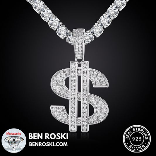 Moissanite Dollar Sign Pendant Sterling Silver or Gold/Rose Gold Plated | VVS Moissanite | GRA Certified