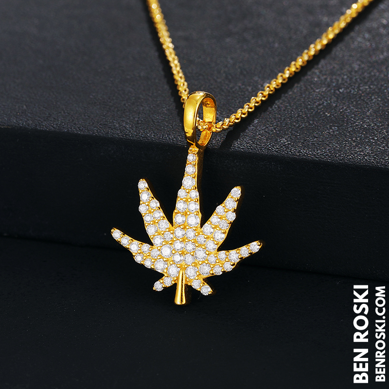 Cannabis Leaf Pendant Sterling Silver or Gold / Rose Gold Plated | VVS Moissanite | GRA Certified
