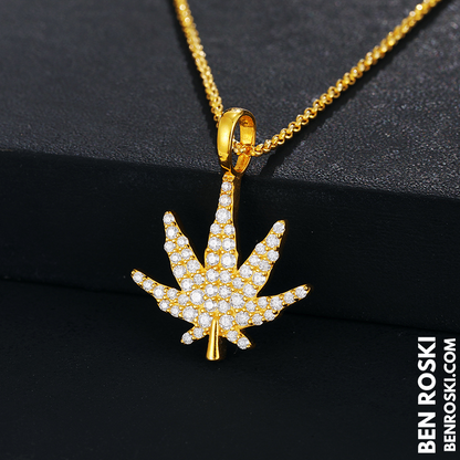 Cannabis Leaf Pendant Sterling Silver or Gold / Rose Gold Plated | VVS Moissanite | GRA Certified
