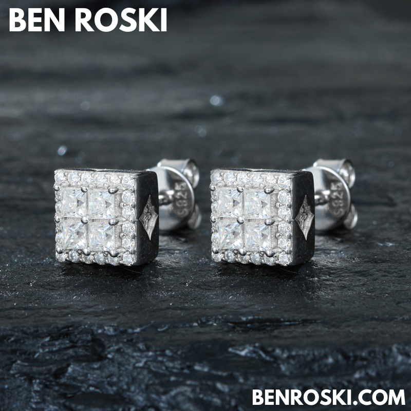 Square Cluster Stud Earrings Sterling Silver, Gold or Rose Gold Plated | 5A Moissanite Stones