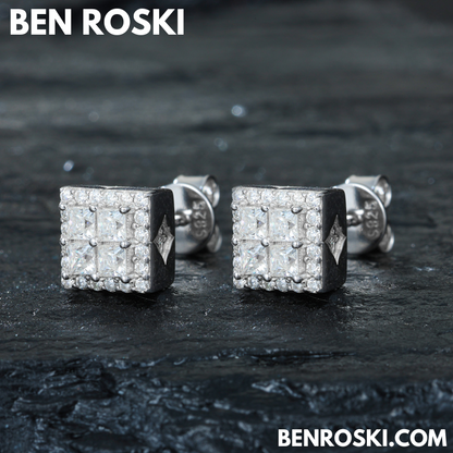 Square Cluster Stud Earrings Sterling Silver, Gold or Rose Gold Plated | 5A Moissanite Stones