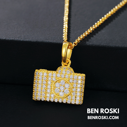 Camera Pendant Necklace Sterling Silver or Gold / Rose Gold Plated | VVS Moissanite | GRA Certified