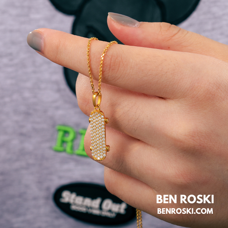 Skateboard Pendant Necklace Sterling Silver, Gold, or Rose Gold | VVS Moissanite | GRA Certified