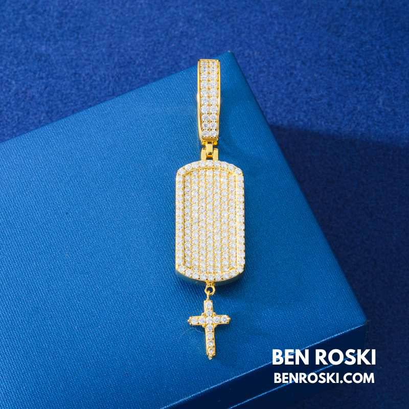 Iced Dog Tag Pendant with Cross Sterling Silver, Gold, or Rose Gold | VVS Moissanite | GRA Certified