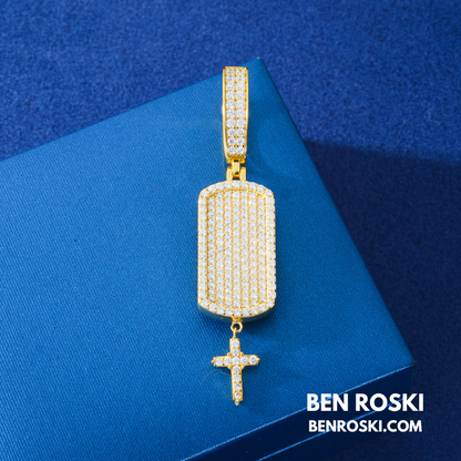 Iced Dog Tag Pendant with Cross Sterling Silver, Gold, or Rose Gold | VVS Moissanite | GRA Certified