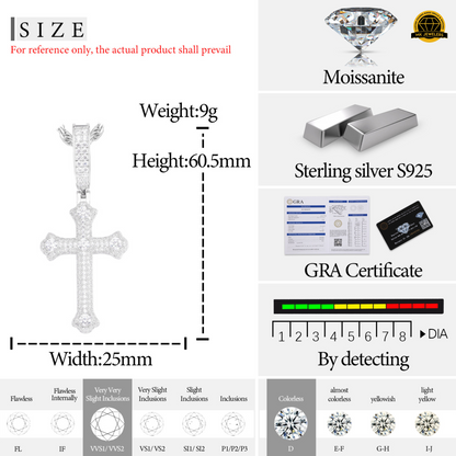 Moissanite Round Cluster Cross Pendant – 65MM | 15.2g | S925 Silver, Gold, or Rose Gold | VVS Moissanite | GRA Certified