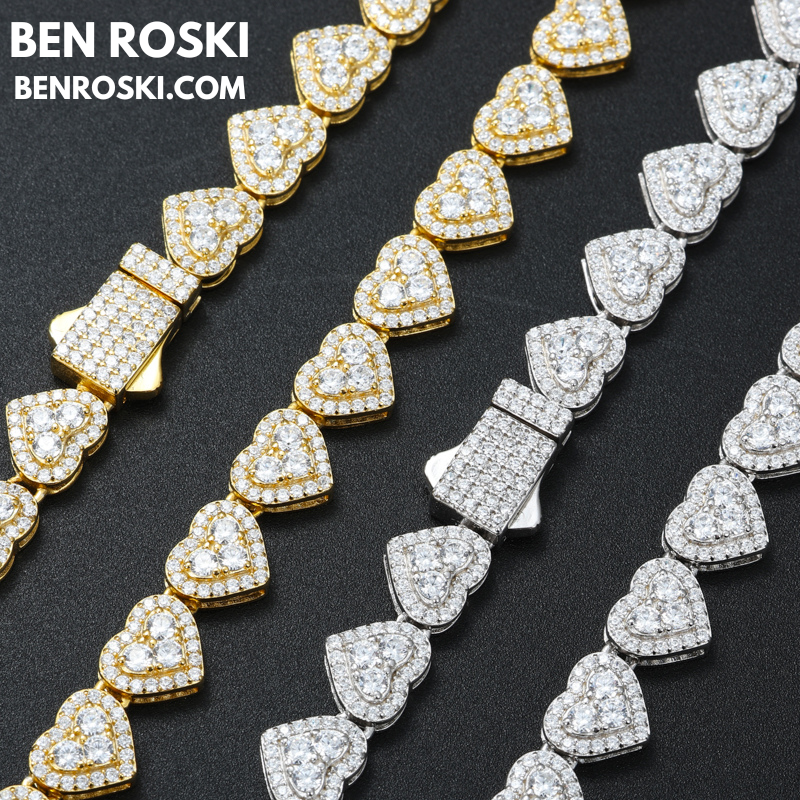 8MM Heart Moissanite Chain Sterling Silver, Gold, or Rose Gold | GRA Certified