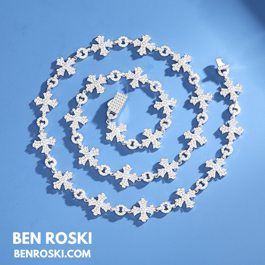 12MM Moissanite Cross Link Chain Sterling Silver, Gold, or Rose Gold | GRA Certified