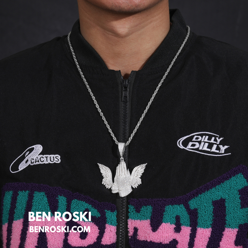 Praying Hands with Wings Pendant Sterling Silver, Gold, or Rose Gold | VVS Moissanite | GRA Certified