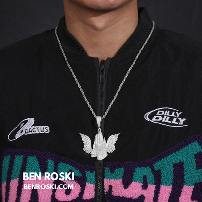 Praying Hands with Wings Pendant Sterling Silver, Gold, or Rose Gold | VVS Moissanite | GRA Certified