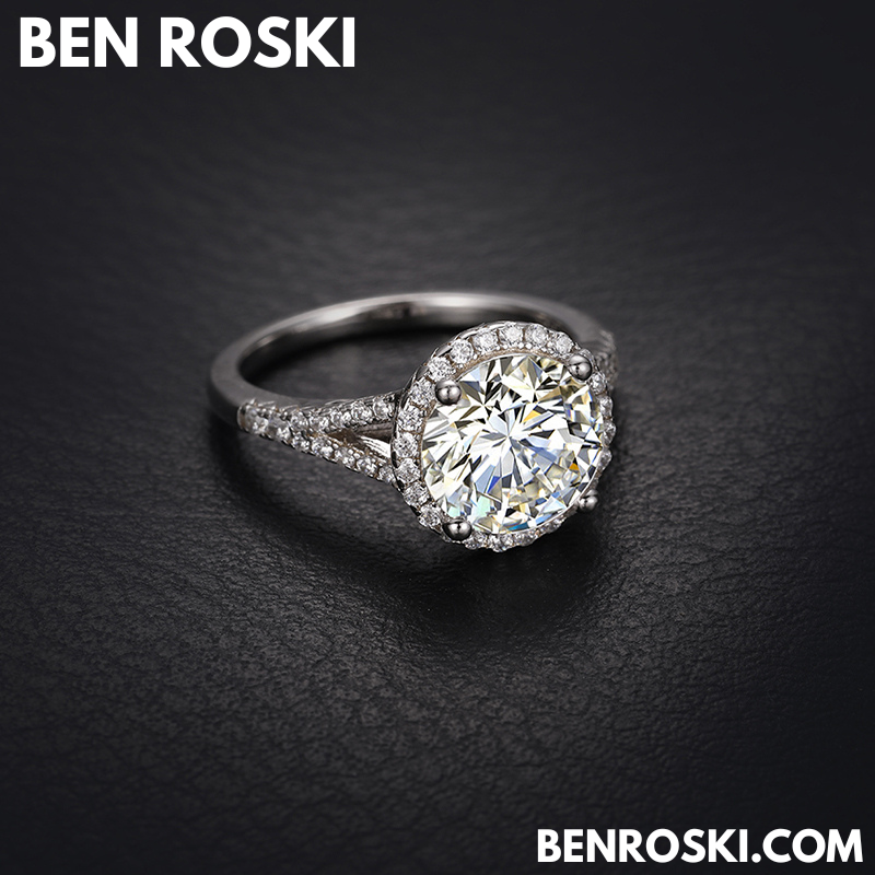 3CT Moissanite Halo Engagement Ring Sterling Silver, Gold & Rose Gold | GRA Certified