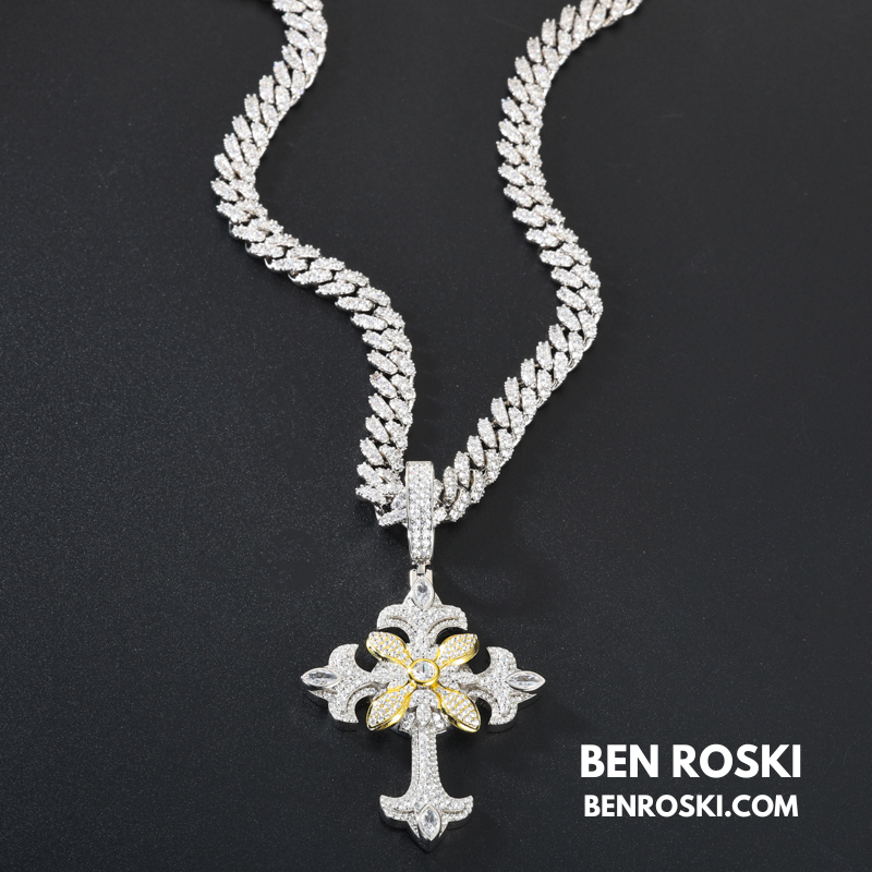 Floral Cross Pendant Sterling Silver, Gold & Rose Gold | VVS Moissanite | GRA Certified