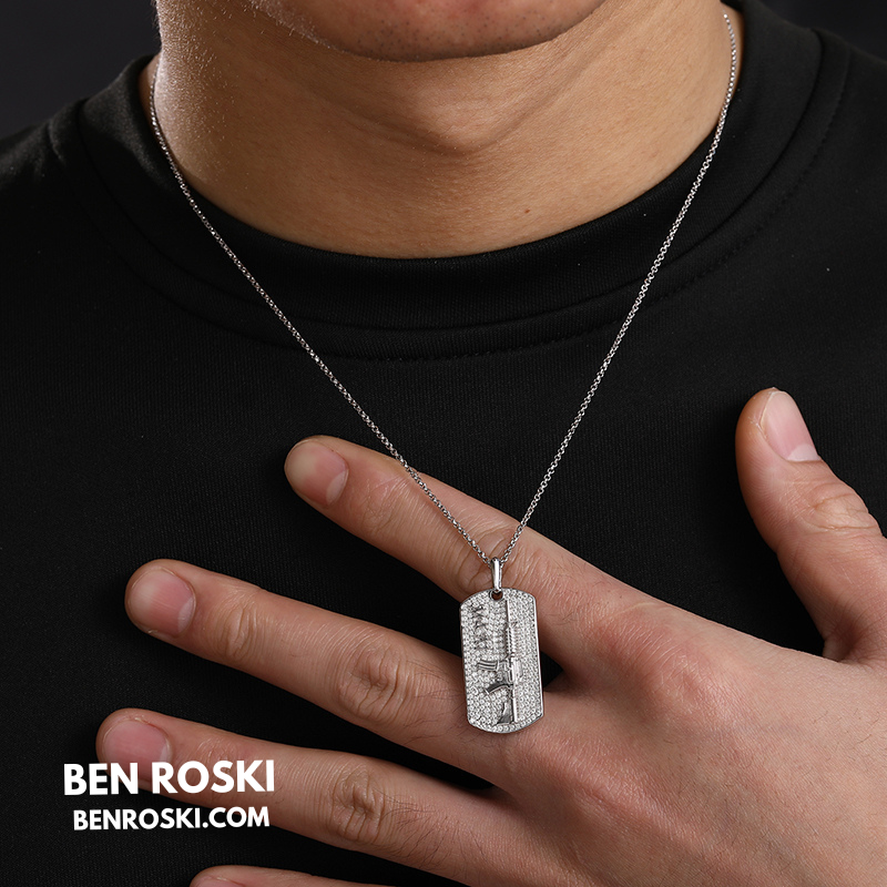 M4 Rifle Dog Tag Pendant Sterling Silver or Gold & Rose Gold Plated | VVS Moissanite | GRA Certified