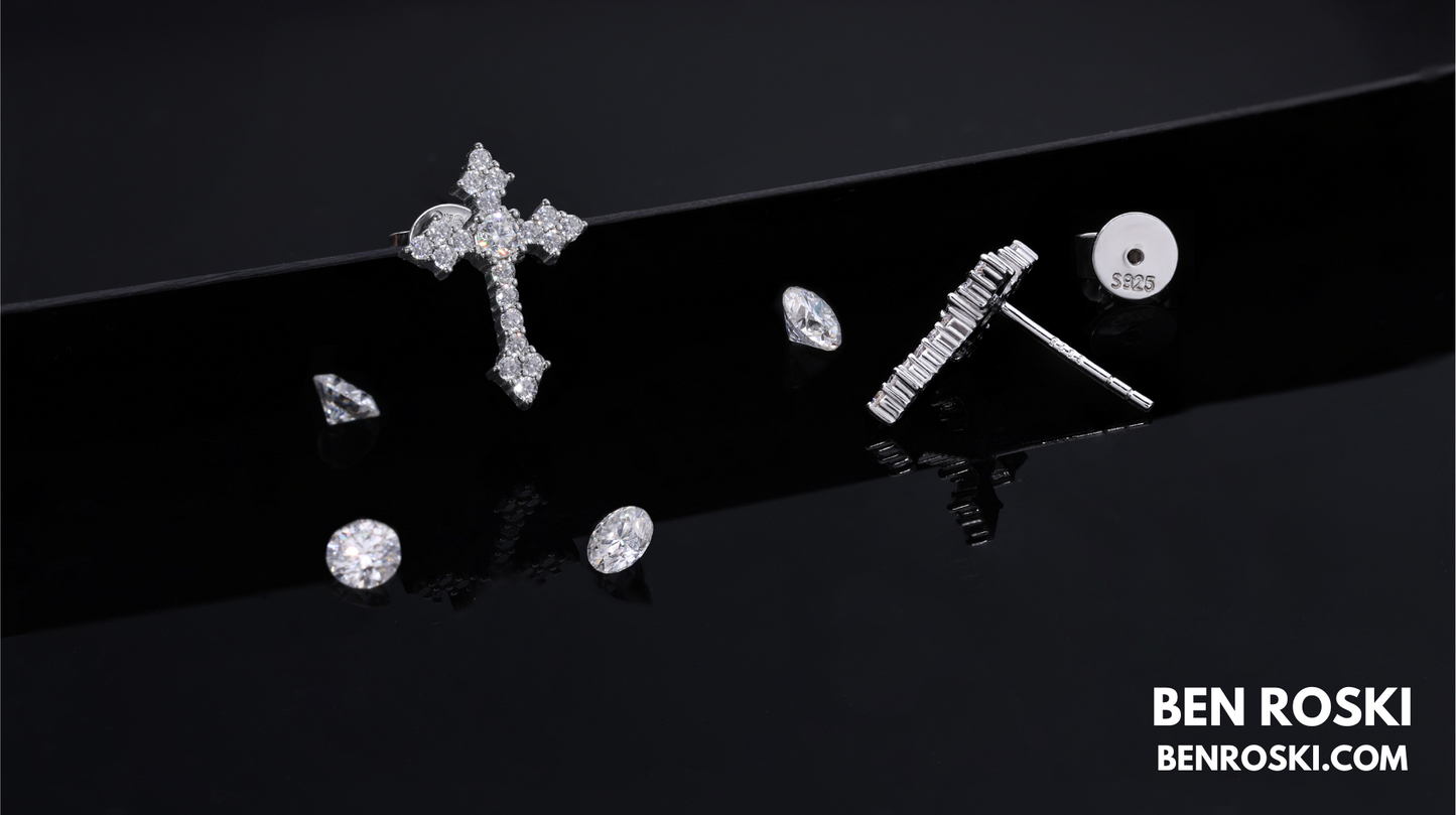 Moissanite Cross Stud Earrings Sterling Silver, Gold, or Rose Gold | VVS Moissanite | GRA Certified