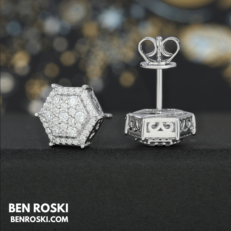 Hexagon Cluster Stud Earrings Sterling Silver, Gold, or Rose Gold Plated | VVS Moissanite | GRA Certified