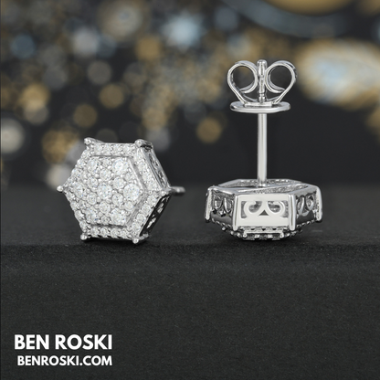 Hexagon Cluster Stud Earrings Sterling Silver, Gold, or Rose Gold Plated | VVS Moissanite | GRA Certified